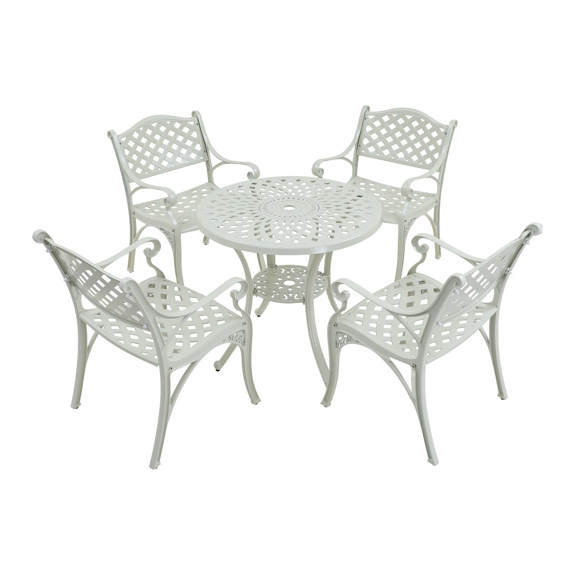 5-Piece Cast Aluminum Outdoor Furniture Patio Dining Set Patio Table with Umbrella Hole Patio Dining Chairs in White