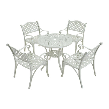 5-Piece Cast Aluminum Outdoor Furniture Patio Dining Set Patio Table with Umbrella Hole Patio Dining Chairs in White