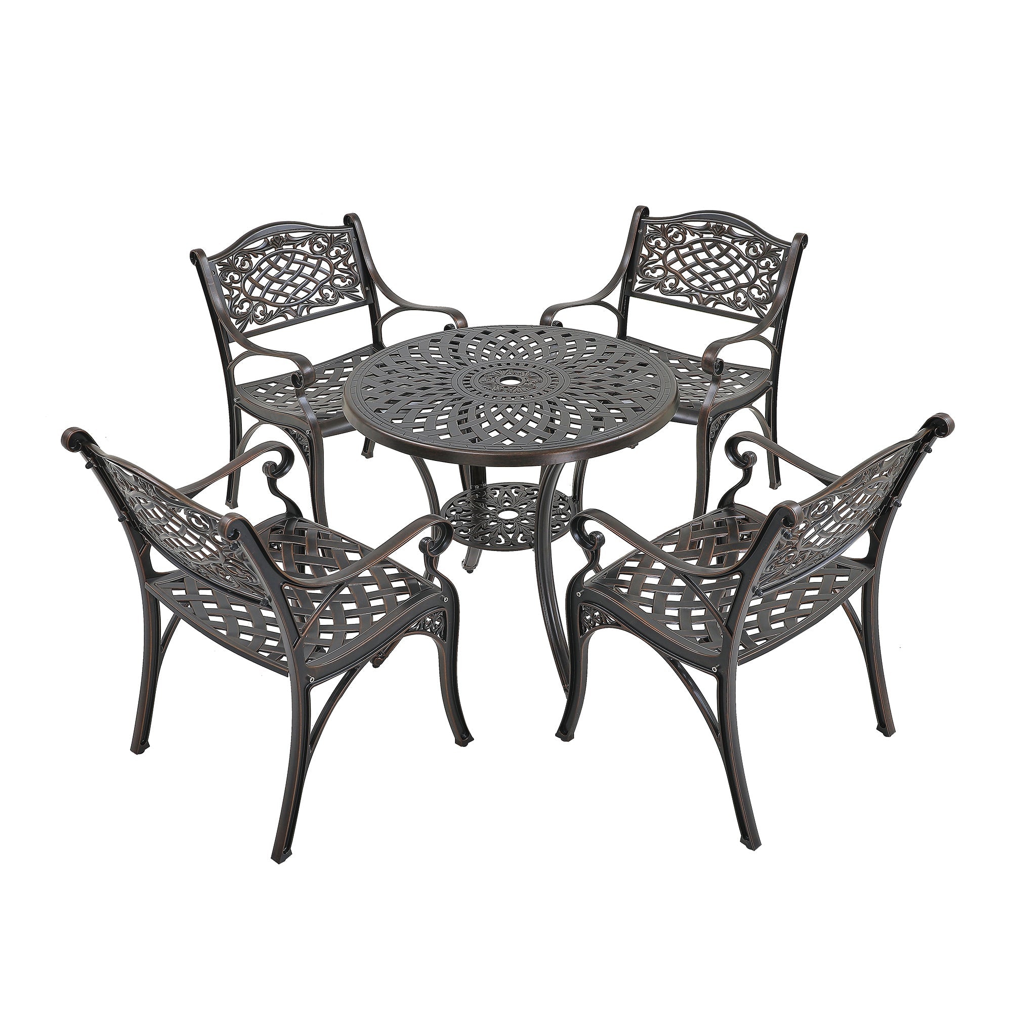 5-Piece Cast Aluminum Outdoor Dining Set Patio Table with Umbrella Hole Patio Dining Chairs in Bronze