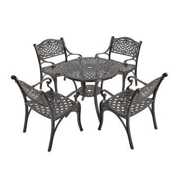 5-Piece Cast Aluminum Outdoor Dining Set Patio Table with Umbrella Hole Patio Dining Chairs in Bronze