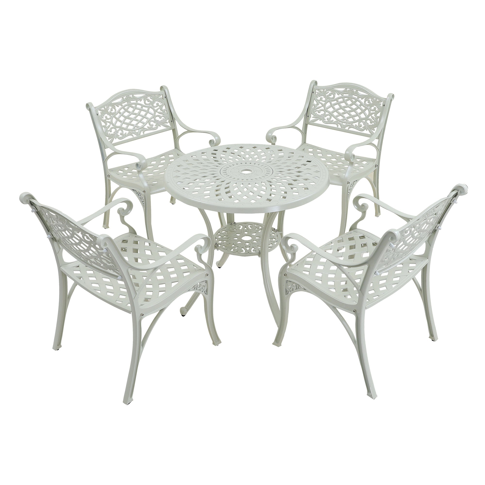 5-Piece Cast Aluminum Outdoor Dining Set Patio Table with Umbrella Hole Patio Dining Chairs in White