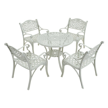 5-Piece Cast Aluminum Outdoor Dining Set Patio Table with Umbrella Hole Patio Dining Chairs in White