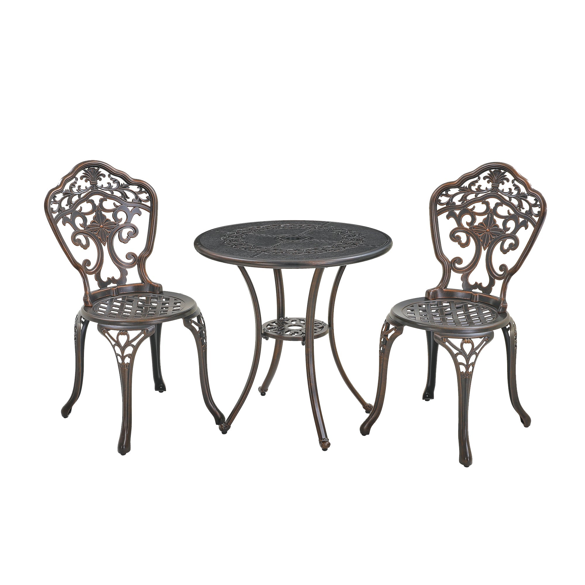 Bistro Table and Chairs Set of 3 Outdoor Bistro Set 3 Piece Cast Aluminum Patio Dining Set Round Patio Table with Umbrella Hole, Bronze