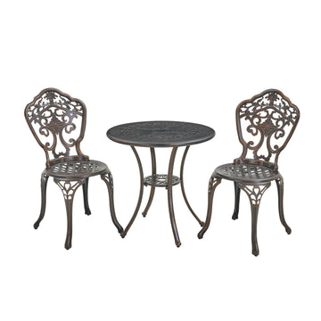 Bistro Table and Chairs Set of 3 Outdoor Bistro Set 3 Piece Cast Aluminum Patio Dining Set Round Patio Table with Umbrella Hole, Bronze