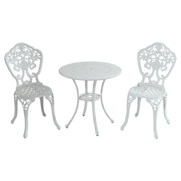 Bistro Table and Chairs Set of 3 Outdoor Bistro Set 3 Piece Cast Aluminum Patio Dining Set Round Patio Table with Umbrella Hole, White