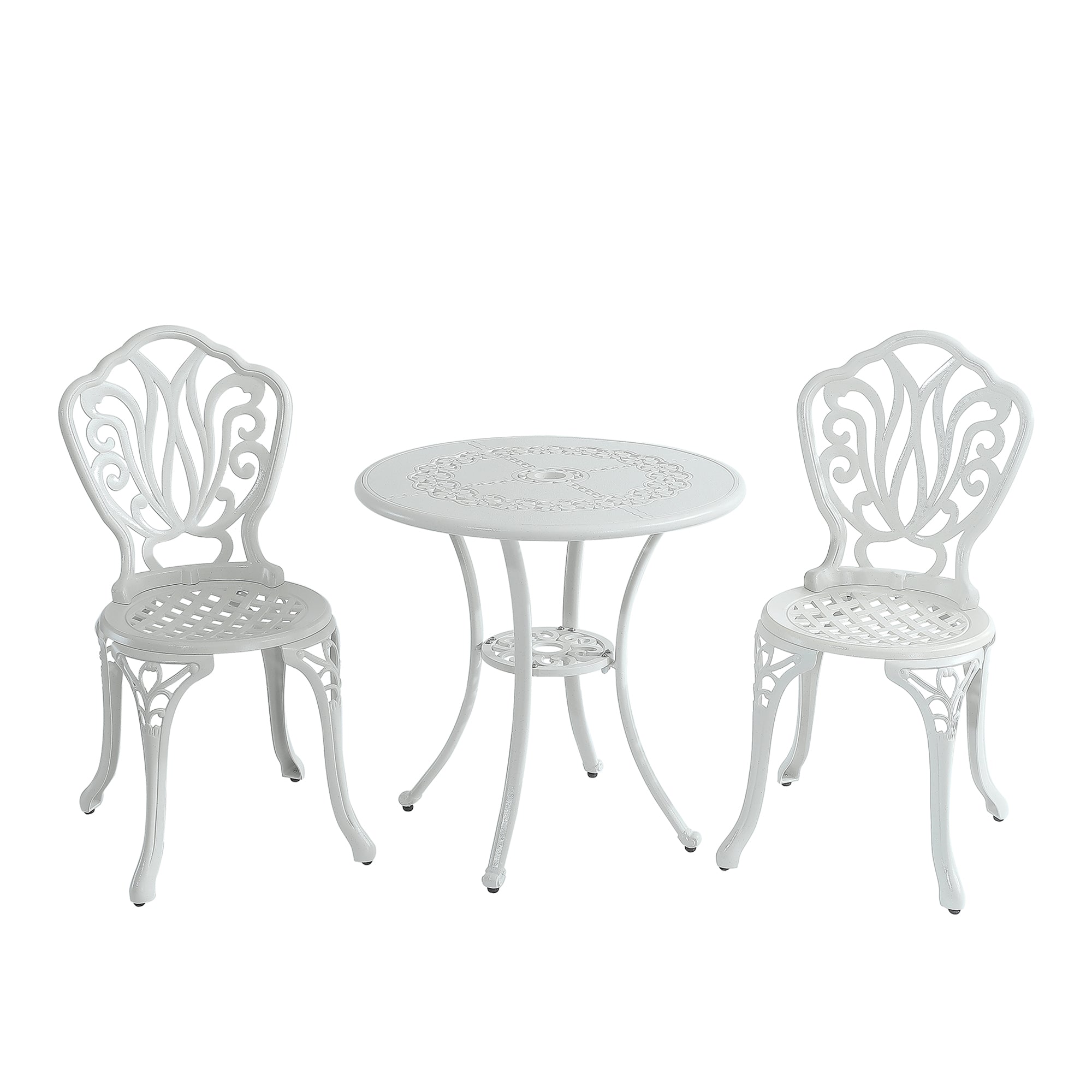 3-Piece Cast Aluminium Patio Bistro Set Outdoor Dining Table and Chairs Patio Bistro Table with Umbrella Hole Patio Bistro Chairs, White