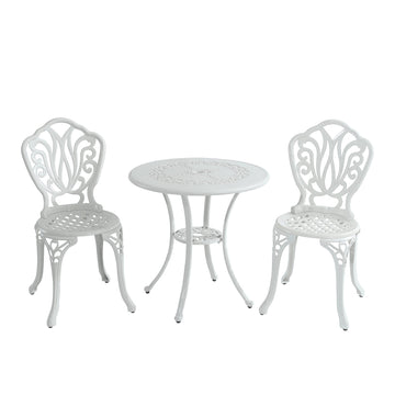3-Piece Cast Aluminium Patio Bistro Set Outdoor Dining Table and Chairs Patio Bistro Table with Umbrella Hole Patio Bistro Chairs, White