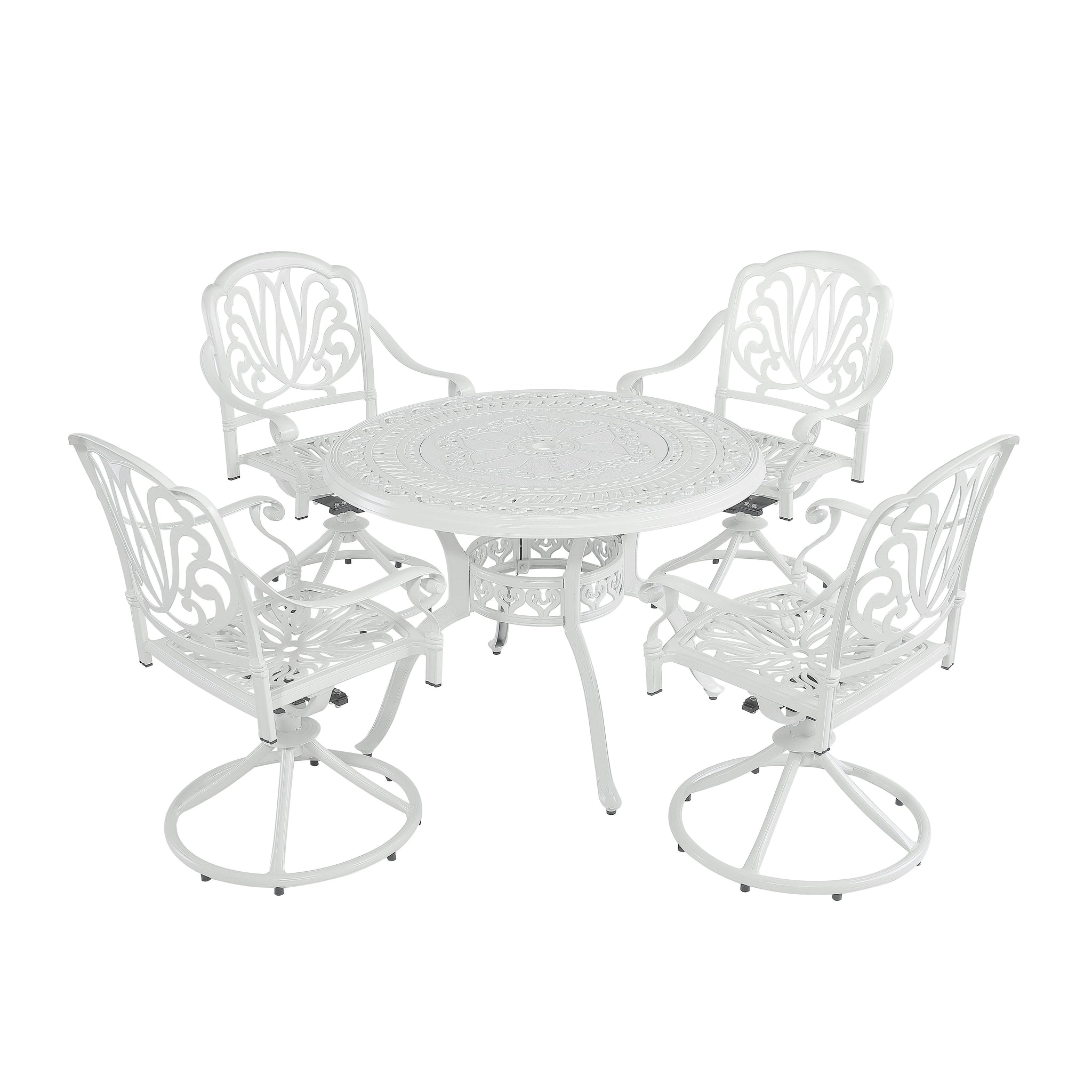 5-Piece Cast Aluminum Outdoor Dining Set Patio Table with Umbrella Hole Outdoor Swivel Rockers Patio Dining Chairs in White