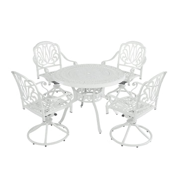 5-Piece Cast Aluminum Outdoor Dining Set Patio Table with Umbrella Hole Outdoor Swivel Rockers Patio Dining Chairs in White
