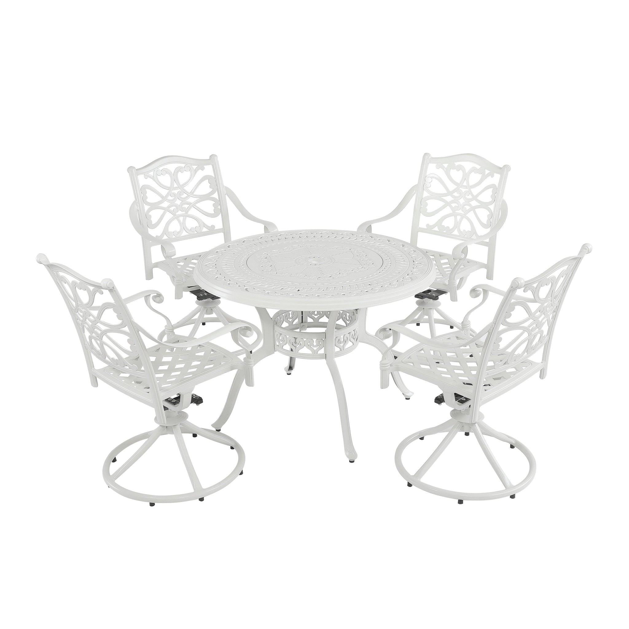 5-Piece Cast Aluminum Outdoor Conversation Set Outdoor Dining Table with Umbrella Hole Outdoor Swivel Rockers Patio Dining Chairs in White