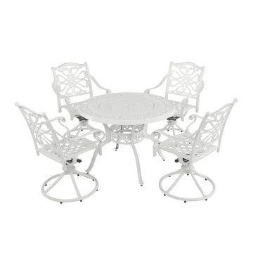 5-Piece Cast Aluminum Outdoor Conversation Set Outdoor Dining Table with Umbrella Hole Outdoor Swivel Rockers Patio Dining Chairs in White
