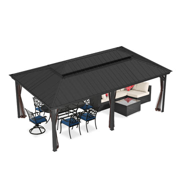 12x20 FT Hard Top Metal Gazebo Patio Double Roof Canopy Aluminum Frame Gazebo with Netting Tent Curtains