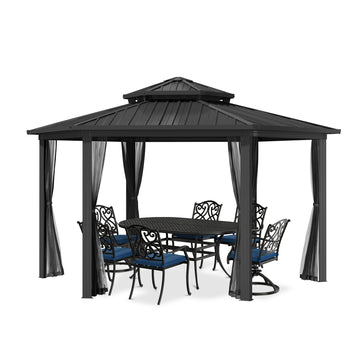 15x15Ft Outdoor Hexagon Hard Top Metal Gazebo Patio Double Roof Canopy Aluminum Frame Gazebo with Nettings