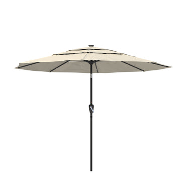 10 FT Patio Umbrella with Solar Lights 3-Tier Outdoor Table Umbrella Market Umbrella Pool Umbrella Outdoor Umbrellas for Patio, Beige