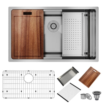31-Inch Stainless Steel Kitchen Sink Workstation Single Grooves Under The Table With Cutting Board, Roller Blind, Drain Basket, Drain Grid And Drainer