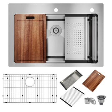 33-Inch Stainless Steel Kitchen Sink Workstation Dual Installation Method Single Grooves With 2 Faucet Holes With Cutting Board, Roller Curtain, Drain Basket, Drain Grid And Drainer