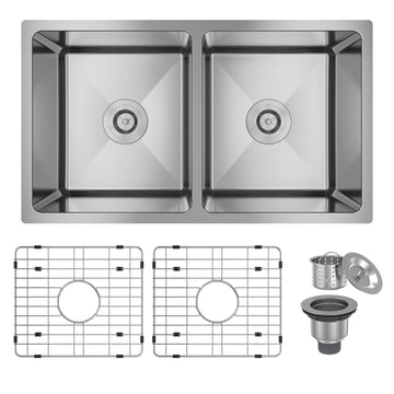 31-Inch Brushed Stainless Steel Sink Under The Table 9-Inch Deep 50/50 Double Grooves With Drain Grid And Drainer