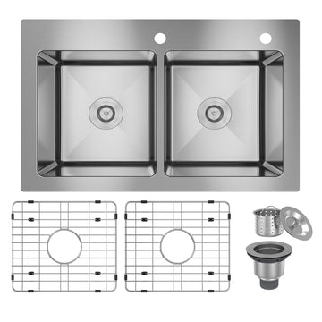 33-Inch R20 Brushed Stainless Steel Sink On The Counter Or Embedded Installation Double Grooves 50/50 With Drain Grid And Drainer