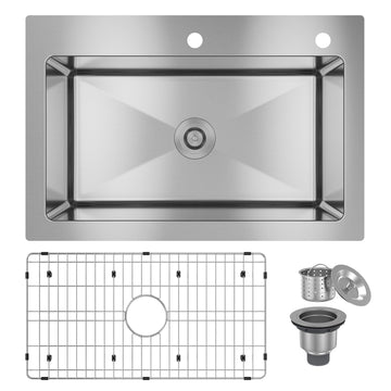 33-Inch Stainless Steel Sink On The Counter Installation Single Grooves With 2 Faucet Holes With Drain Grid And Drainer Thick 18Ga