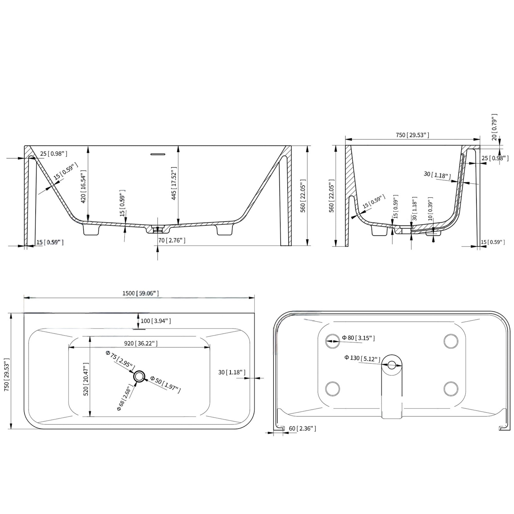 59 Inch Oval Matte White Artificial Stone Modern Style Freestanding and Built-in Soaking Bathtub