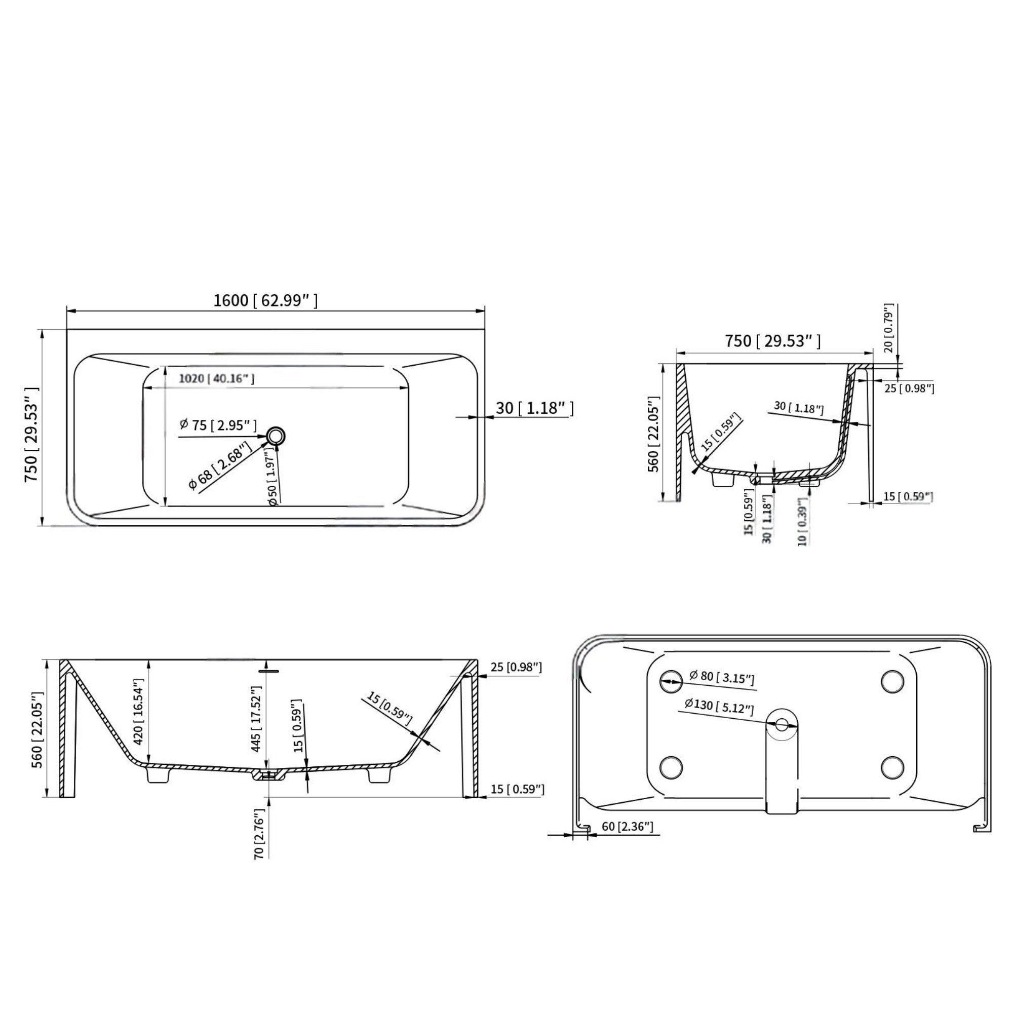 63 Inch Oval Matte White Artificial Stone Modern Style Freestanding and Built-in Soaking Bathtub