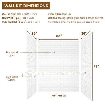 3-Piece Glue Up Solid Surface Alcove Shower Wall Set in White Subway Tile
