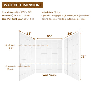 3-Piece Glue Up Solid Surface Alcove Shower Wall Set in White Subway Tile