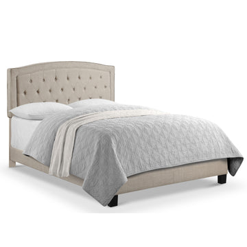 Upholstered Bed with Curved Button Tufted Headboard Modern Platform Bed Frame Solid Wood Structure