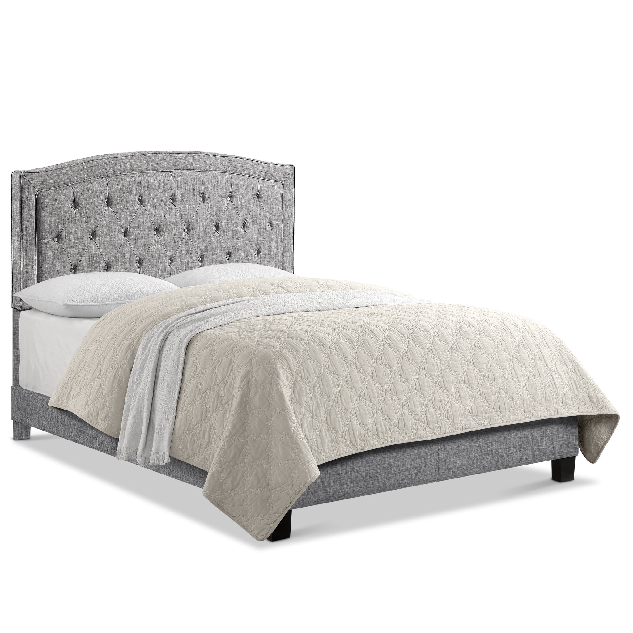 Upholstered Bed with Curved Button Tufted Headboard Modern Platform Bed Frame Solid Wood Structure