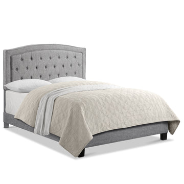 Upholstered Bed with Curved Button Tufted Headboard Modern Platform Bed Frame Solid Wood Structure