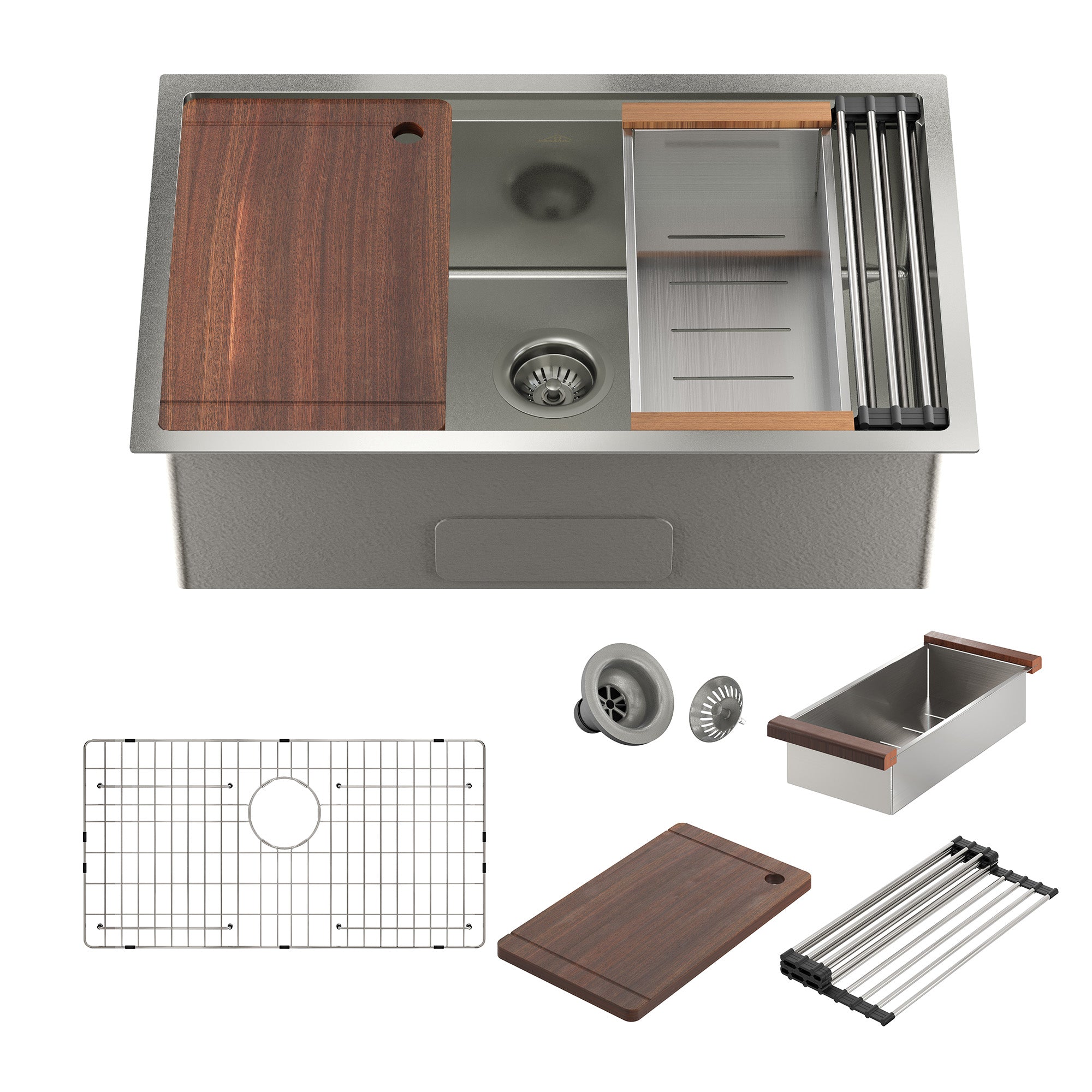 30 in. Undermount Single Bowl 18-Gauge Stainless Steel Kitchen Sink with Cutting Board, Rolling Drying Rack, Drain, etc