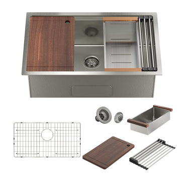 30 in. Undermount Single Bowl 18-Gauge Stainless Steel Kitchen Sink with Cutting Board, Rolling Drying Rack, Drain, etc