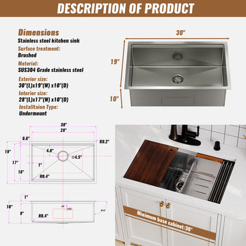 30 in. Undermount Single Bowl 18-Gauge Stainless Steel Kitchen Sink with Cutting Board, Rolling Drying Rack, Drain, etc