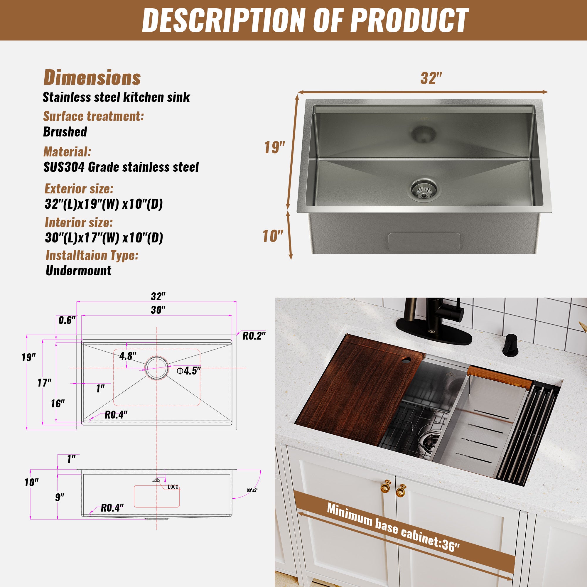 Undermount Stainless Steel Kitchen Sink with Accessories