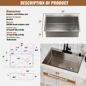33 in. Drop-In Single Bowl 18-Gauge Brushed Stainless Steel Kitchen Sink with Cutting board, Accessories