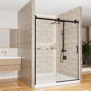 60.6 in. W x 76 in. H Frameless Glass Shower Door in Matte Black with Glass Certified by SGCC