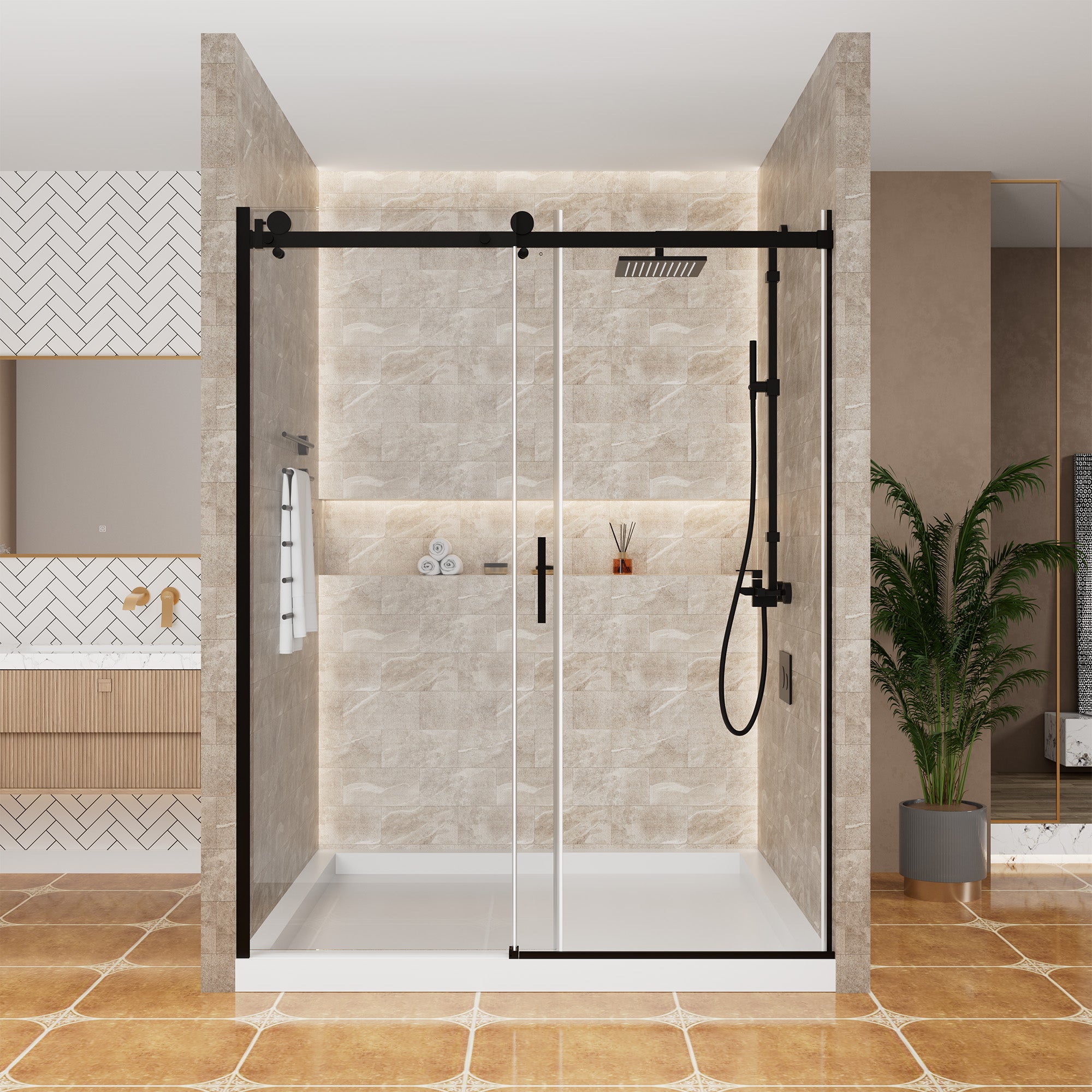 60.6 in. W x 76 in. H Frameless Glass Shower Door in Matte Black with Glass Certified by SGCC