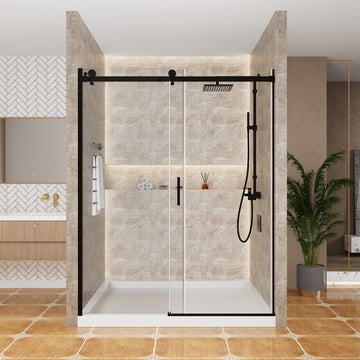 60.6 in. W x 76 in. H Frameless Glass Shower Door in Matte Black with Glass Certified by SGCC