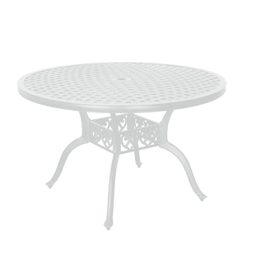 47 Inches Outdoor Dining Table Cast Aluminium Round Table Patio Dining Table with Umbrella Hole All Weather Outdoor Bistro Table for Backyard Garden Patio, White