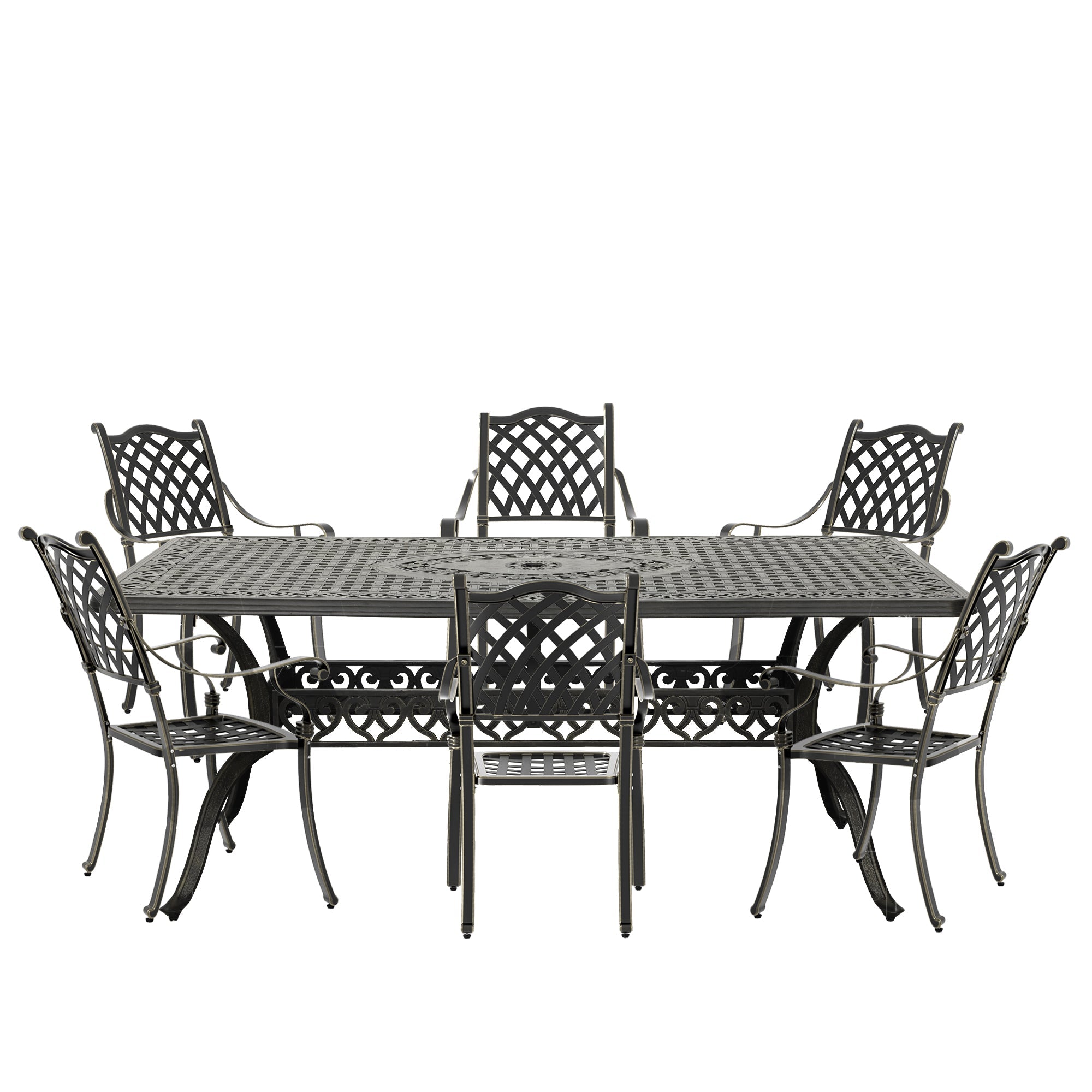 7pcs Patio Furniture Set Cast Aluminium Outdoor Dining Set 6 Outdoor Dining Chairs and 71 Inches Rectangular Dining Table for Balcony Porch Backyard Garden