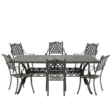 7pcs Patio Furniture Set Cast Aluminium Outdoor Dining Set 6 Outdoor Dining Chairs and 71 Inches Rectangular Dining Table for Balcony Porch Backyard Garden