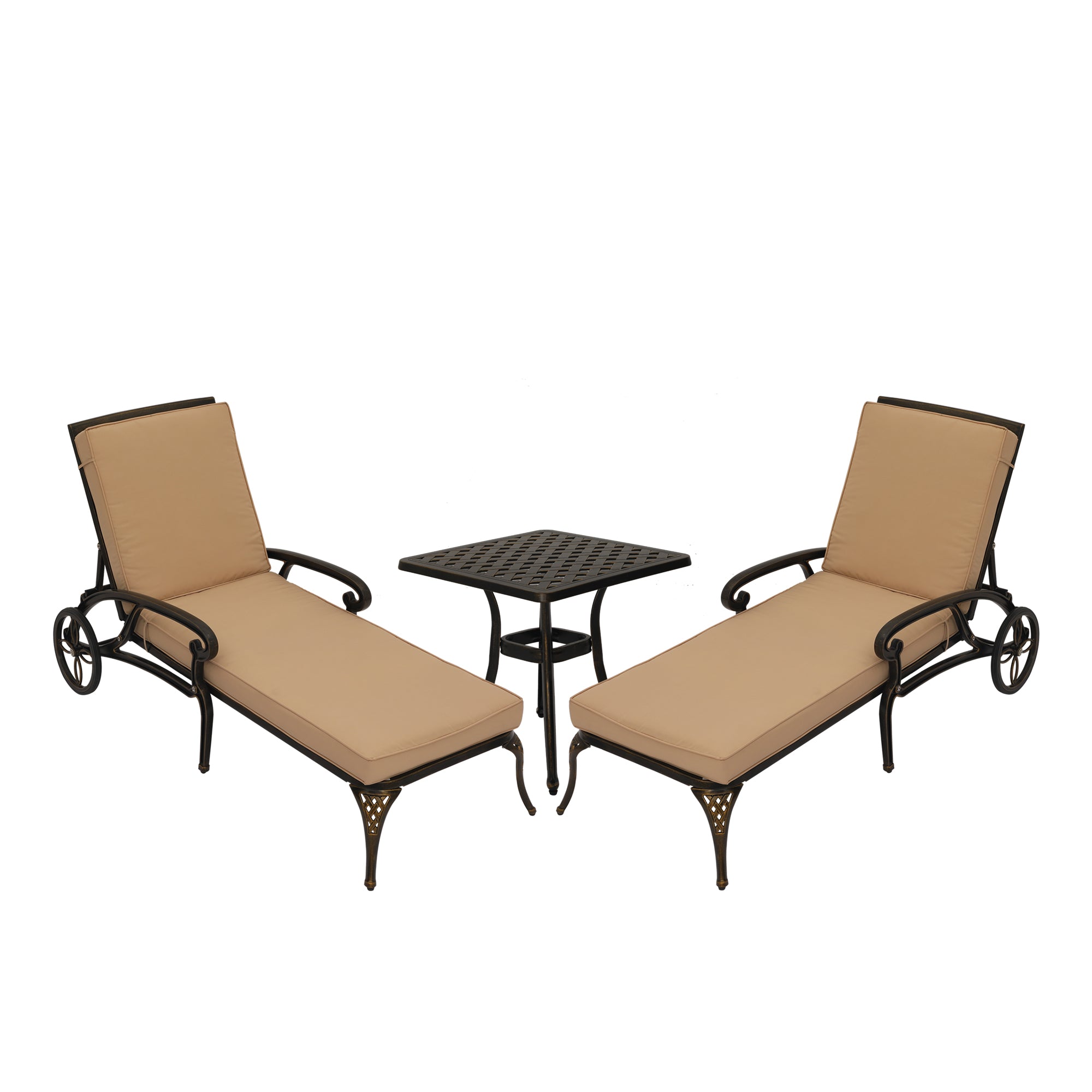 Lounge Chairs for Outside Set of 3 with Side Table & Cushion Patio Lounge Chairs Cast Aluminum Chaise Lounge Pool Chairs Outdoor Lounge Chairs, Bronze with Beige Cushion