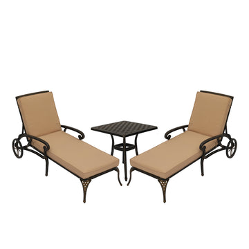 Lounge Chairs for Outside Set of 3 with Side Table & Cushion Patio Lounge Chairs Cast Aluminum Chaise Lounge Pool Chairs Outdoor Lounge Chairs, Bronze with Beige Cushion