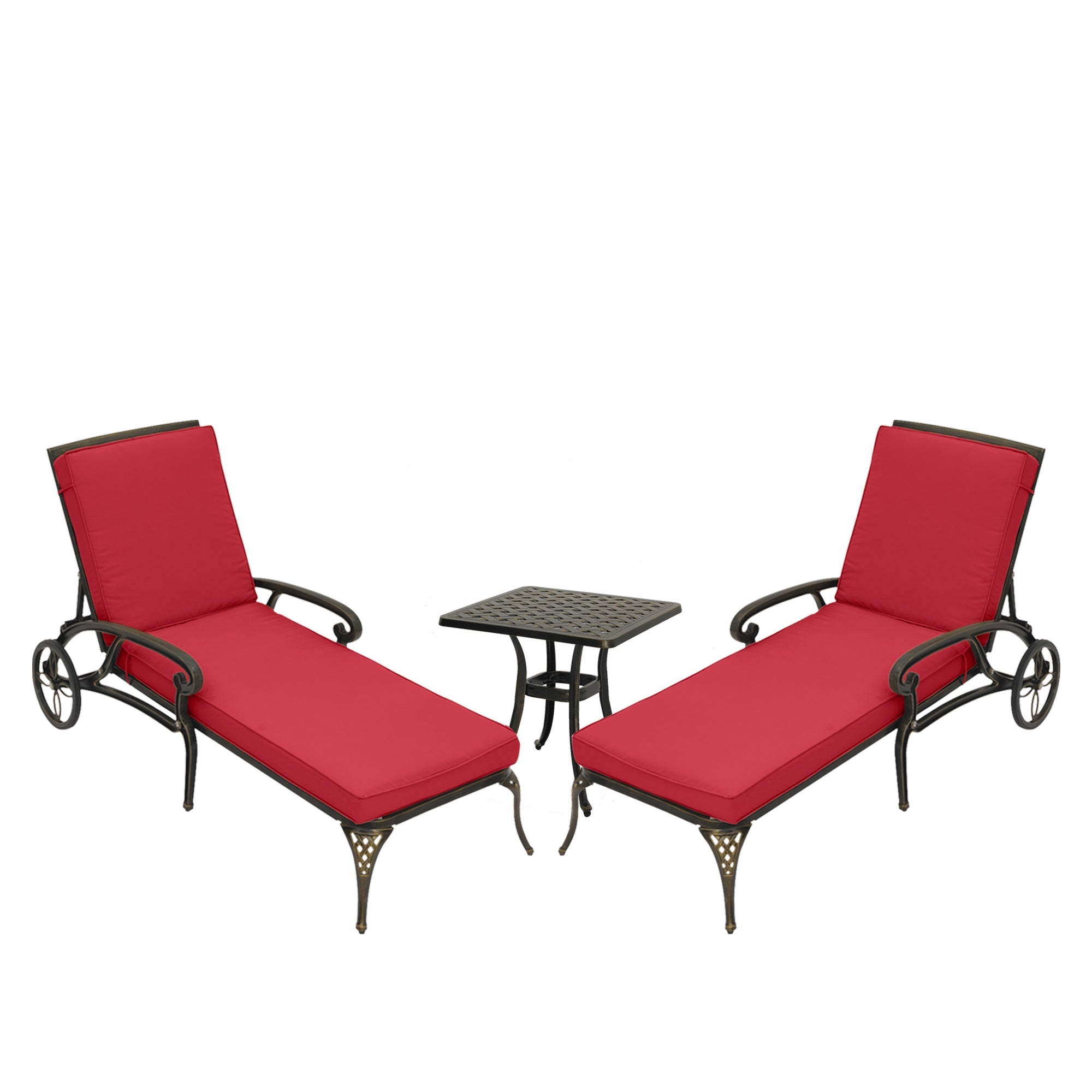 Lounge Chairs for Outside Set of 3 with Side Table & Cushion Patio Lounge Chairs Cast Aluminum Chaise Lounge Pool Chairs Outdoor Lounge Chairs, Bronze with Red Cushion