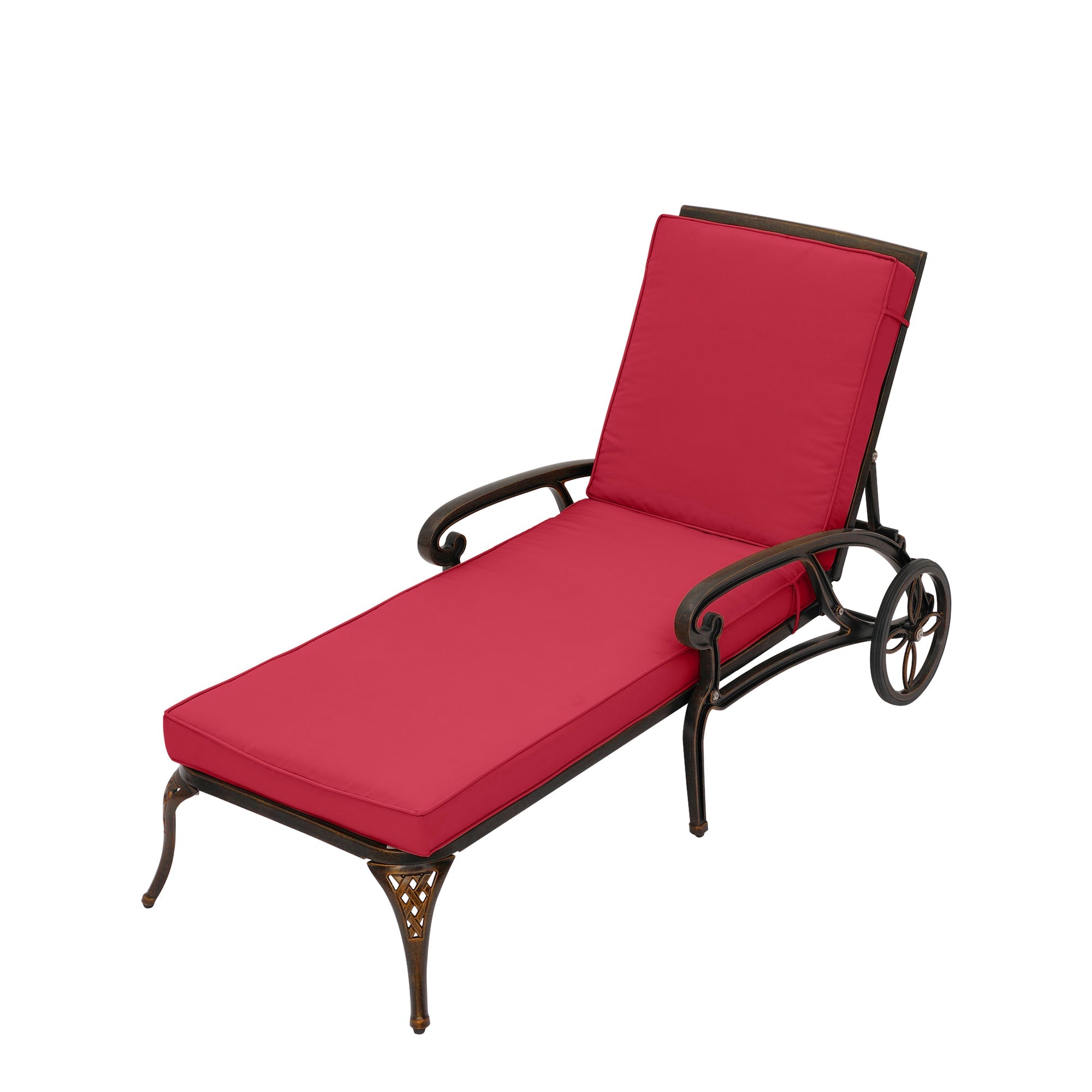 Outdoor Chaise Lounge with Cushions Patio Lounge Chairs with Wheels & Adjustable Backrest Aluminium Pool Sun Lounges Chairs for Outside, Red