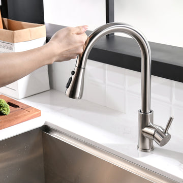 Contemporary Single Handle Gooseneck Pull Down Sprayer Kitchen Faucet Brushed Nickel