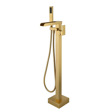 Freestanding-Bathtub-Faucet-Bathtub-Tub-Filler-Floor-Mount-Bathroom-Faucets-Brass-Single-Handle-Tub-Faucet-with-Handheld-Spray-Brushed-Gold