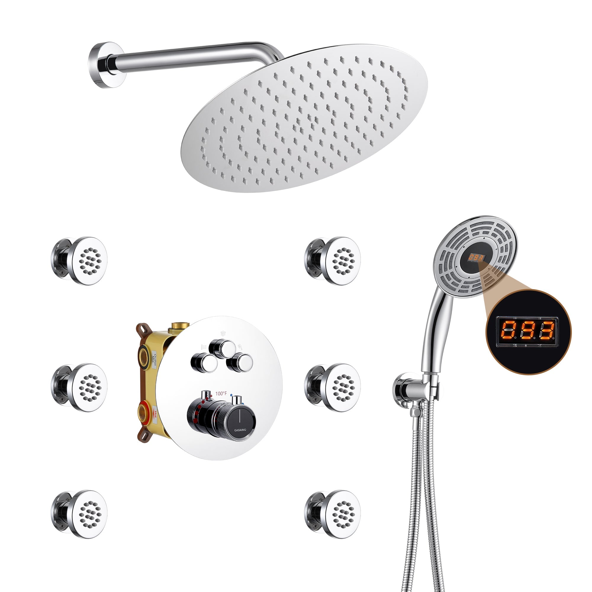 3-Function Luxury Shower Faucet Set Thermostatic Shower System with Side Body Spray Wall-Mounted Shower Head with Handheld Shower, Chrome
