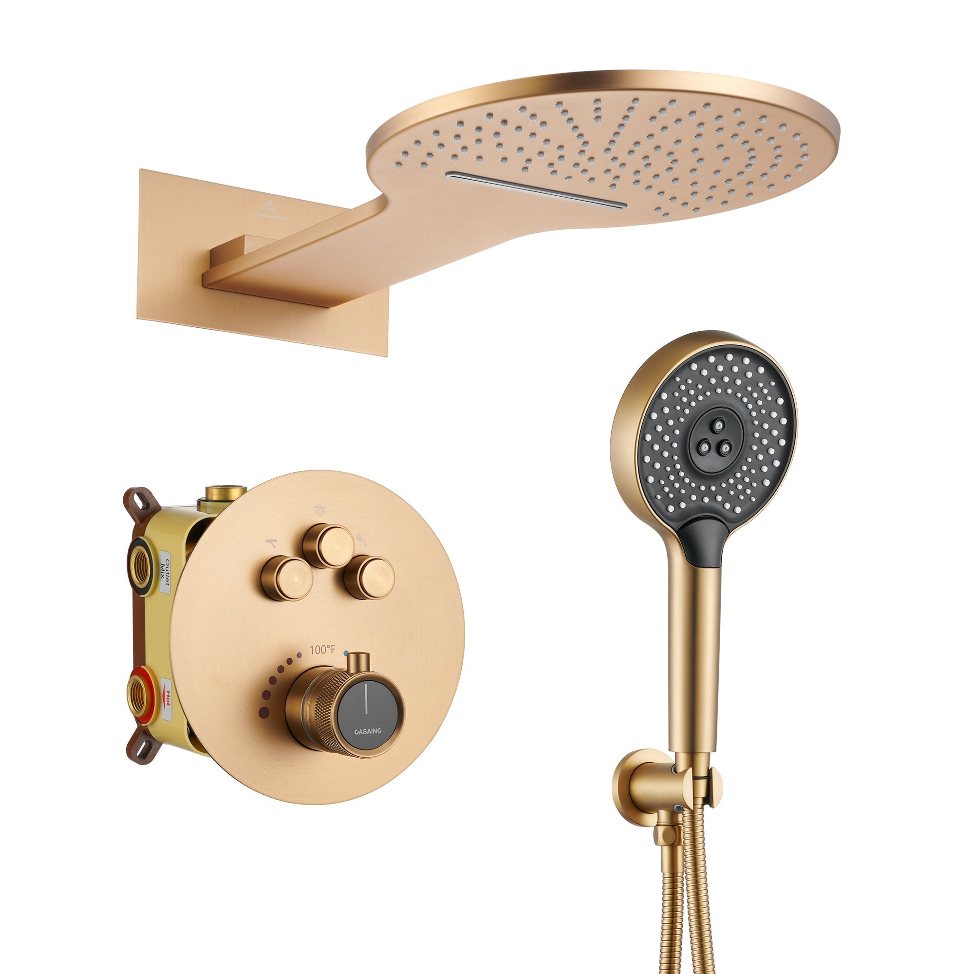 3-Function Thermostatic Shower System with Handheld Shower Head Luxury Shower Faucet Waterfall and Rainfall Shower Head, Brushed Gold