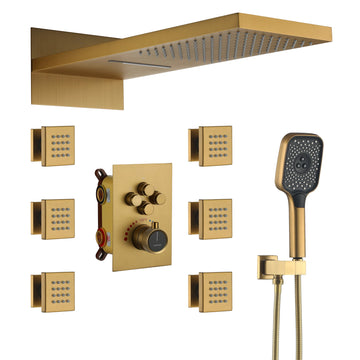 22-inch Rain Shower Head with Handheld Shower Head Shower System with Body Jets Waterfall Shower Trim Kit, Brushed Gold